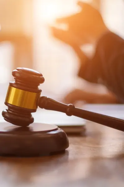 Dommerklubbe på bord med person i bakgrunnen